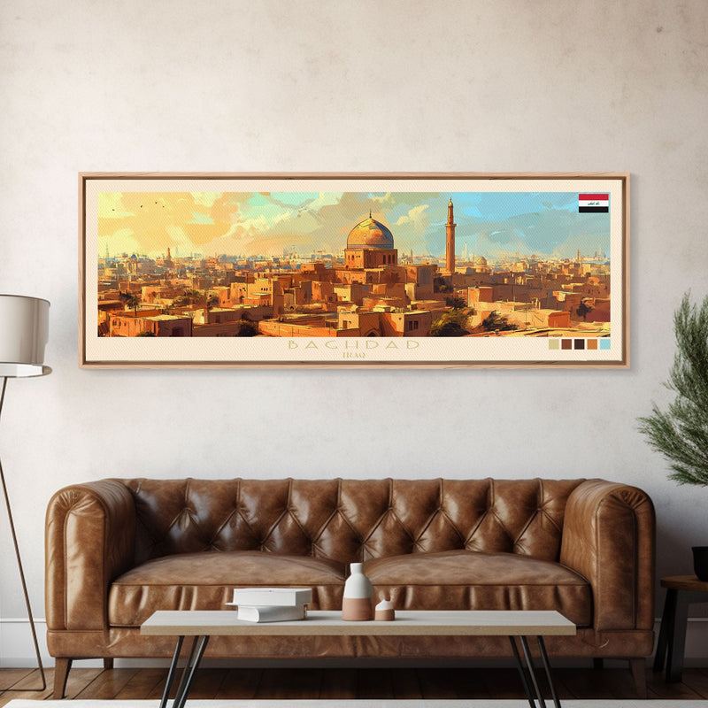 Baghdad, Iraq Panoramic Travel Poster Canvas Print, Baghdad, Iraq Painting, Iraq Art, Baghdad Panoramic Travel Art, Travel Painting