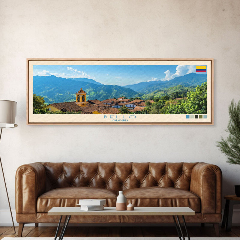 Bello, Colombia Panoramic Travel Poster Canvas Print, Bello, Colombia Painting, Colombia Art, Bello Panoramic Travel Art, Travel Painting