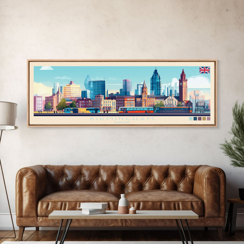 Birmingham, England Travel Poster Panoramic Canvas Print, Birmingham, England Painting, England Art, Birmingham Travel Art, Guest Room Painting