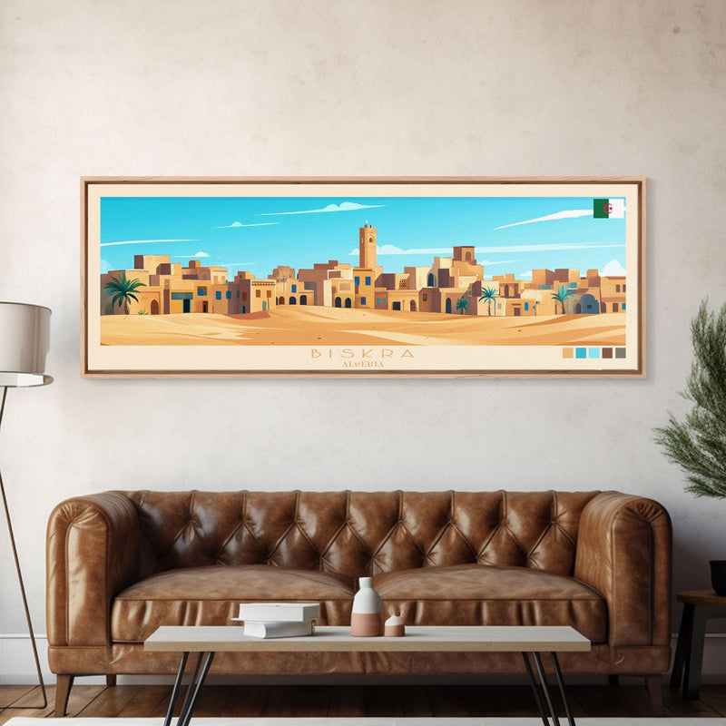 Biskra, Algeria Panoramic Travel Poster Canvas Print, Biskra, Algeria Painting, Algeria Art, Biskra Travel Art, Guest Room Painting