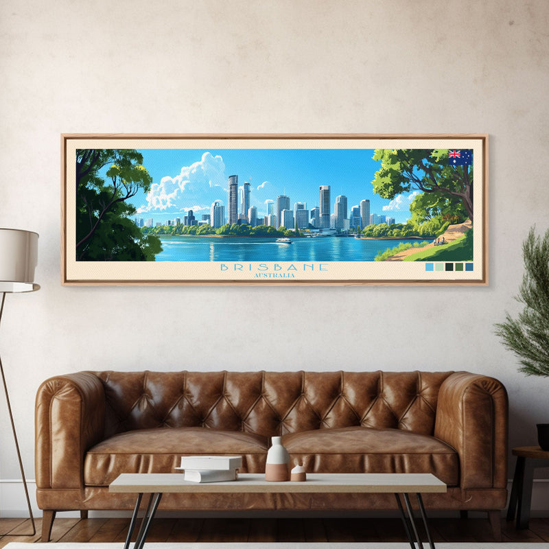 Brisbane, Australia Travel Poster Panoramic Canvas Print, Brisbane, Australia Painting, Australia Art, Brisbane Travel Art, Guest Room Painting