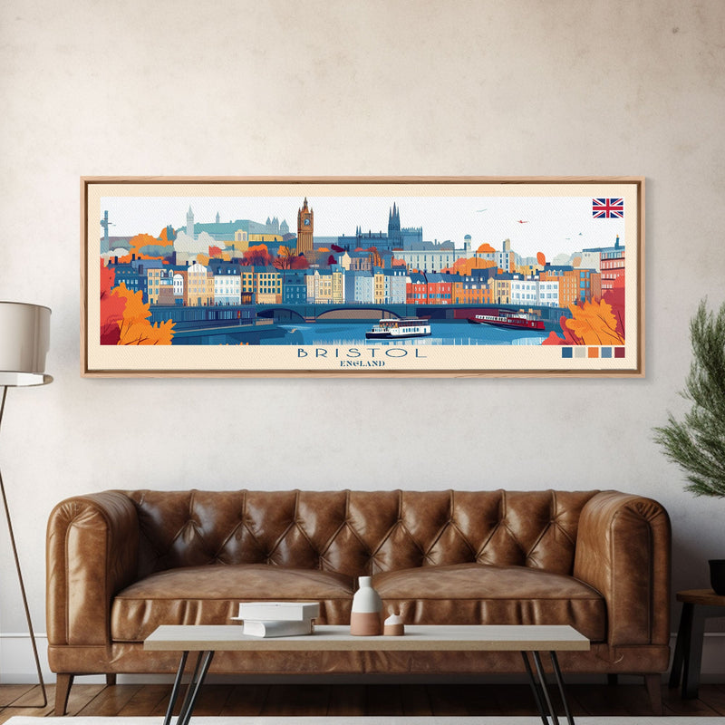 Bristol, England Panoramic Travel Poster Canvas Print, Bristol, England Painting, England Art, Bristol Panoramic Travel Art, Travel Painting