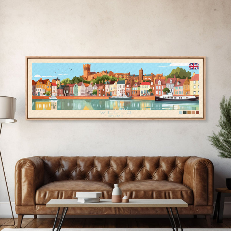 Wells, England Panoramic Travel Poster Canvas Print, Wells, England Painting, England Art, Wells Travel Art, Guest Room Painting