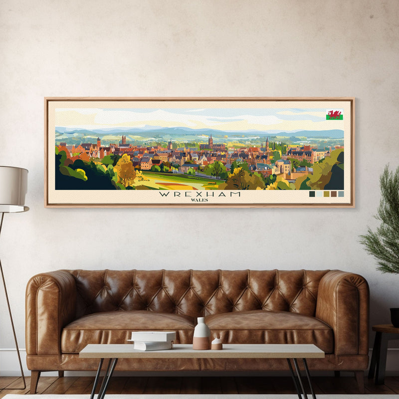 Wrexham, Wales Panoramic Travel Poster Canvas Print, Wrexham, Wales Painting, Wales Art, Wrexham Travel Art, Living Room Painting