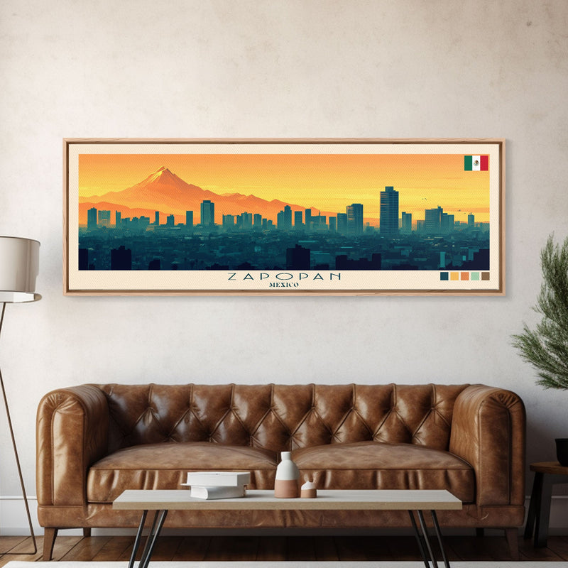 Zapopan, Mexico Panoramic Travel Poster Canvas Print, Zapopan, Mexico Painting, Mexico Art, Zapopan Travel Art, Guest Room Painting