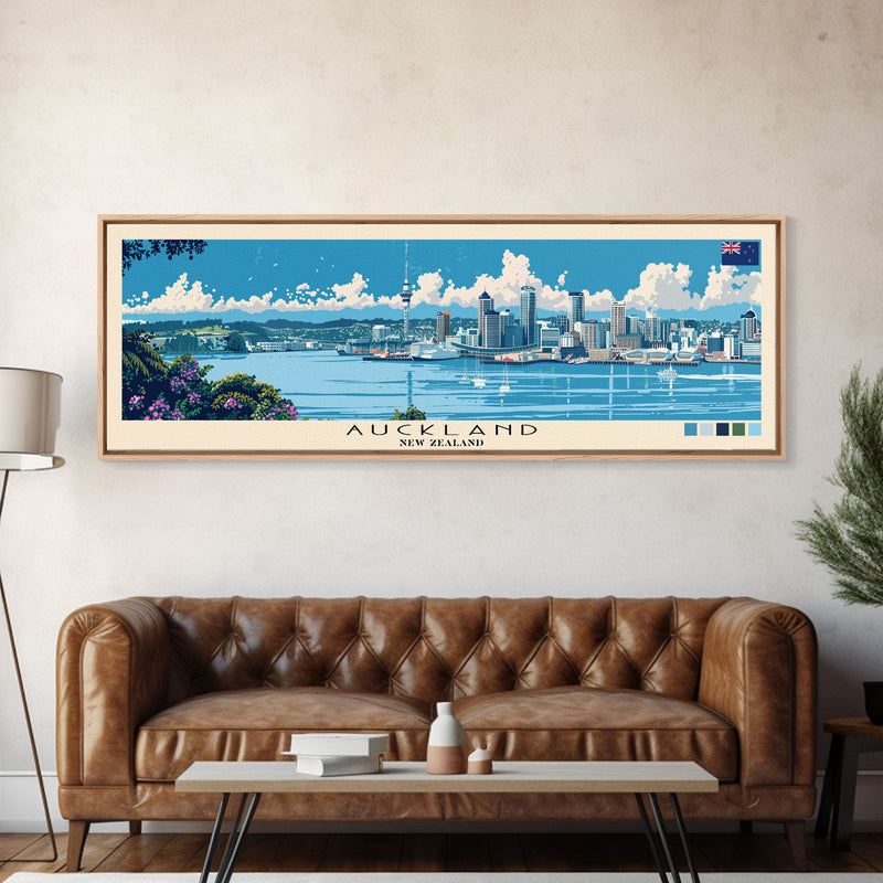 Auckland, New Zealand Panoramic Canvas Print, Auckland, New Zealand Painting, New Zealand Art, Auckland Travel Poster, Travel Art, Vacation Gift