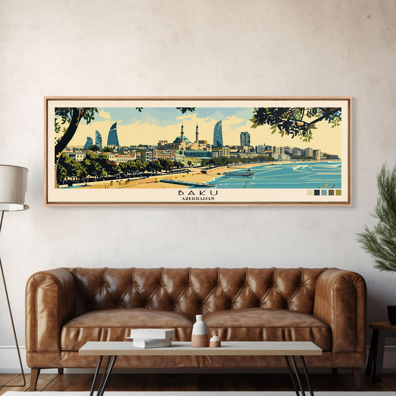 Baku, Azerbaijan Panoramic Canvas Print, Baku, Azerbaijan Painting, Azerbaijan Art, Baku Travel Poster, Travel Art, Living Room Painting