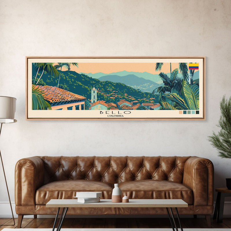 Bello, Colombia Panoramic Canvas Print, Bello, Colombia Painting, Colombia Art, Bello Travel Poster, Travel Art, Living Room Painting