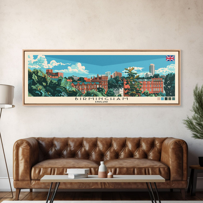 Birmingham, England Panoramic Canvas Print, Birmingham, England Painting, England Art, Birmingham Travel Poster, Travel Art, Guest Room Painting