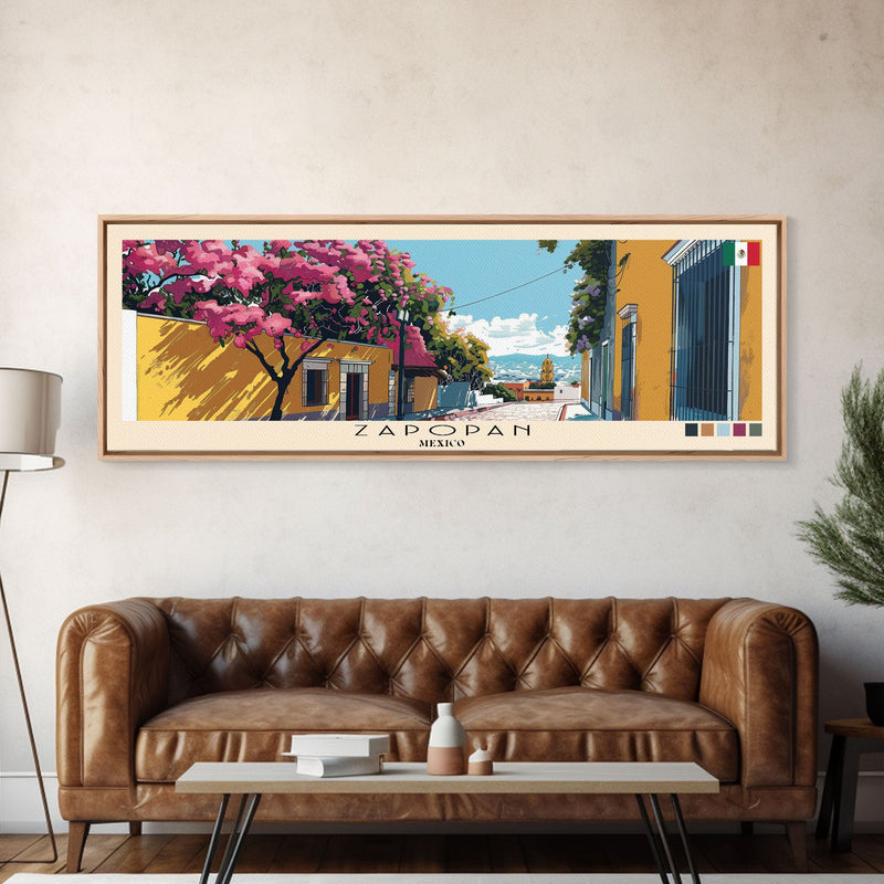 Zapopan, Mexico Panoramic Canvas Print, Zapopan, Mexico Painting, Mexico Art, Zapopan Travel Poster, Travel Art, Housewarming Gift