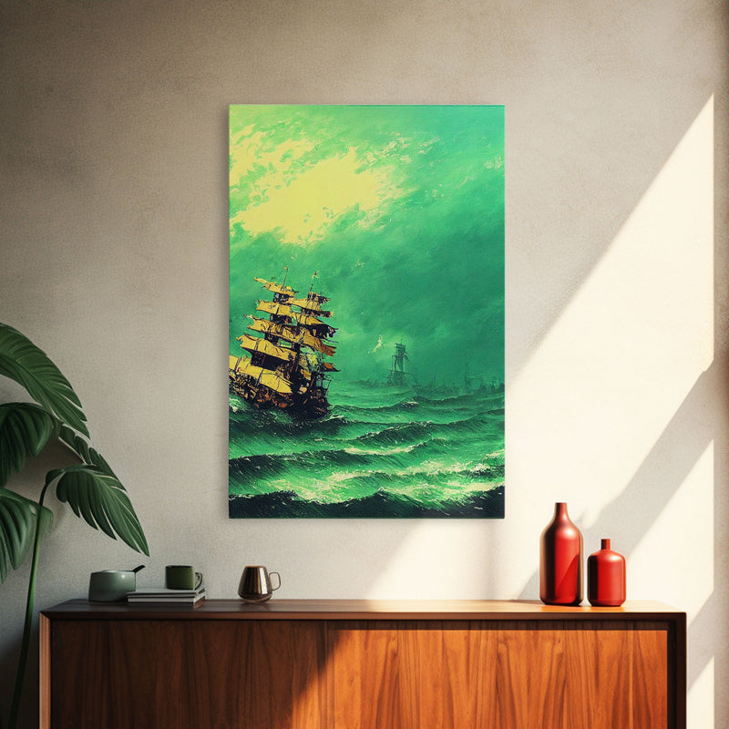 Watercolor of a Pirateship, Ghost Ship Art, Framed Canvas Print, Ready To Hang Framed Wall Art, Living Room Wall Hanging