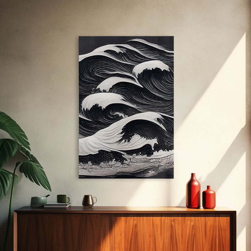 Black and White Tidal Waves, Japanese Style Art, Framed Canvas Print, Ready To Hang Framed Wall Art, Living Room Wall Decor