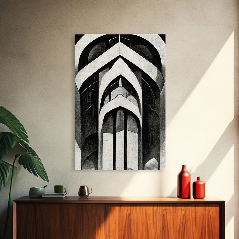 Black And White Art Print, Art Deco Architecture, Framed Canvas Print, Ready To Hang Framed Wall Art, Living Room Wall Hanging