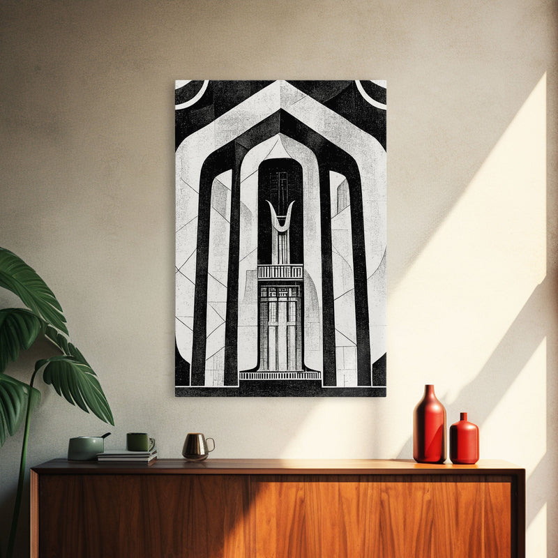 Art Deco Black And White Art Print, Art Deco Architecture, Framed Canvas Print, Ready To Hang Framed Wall Art, Living Room Wall Hanging