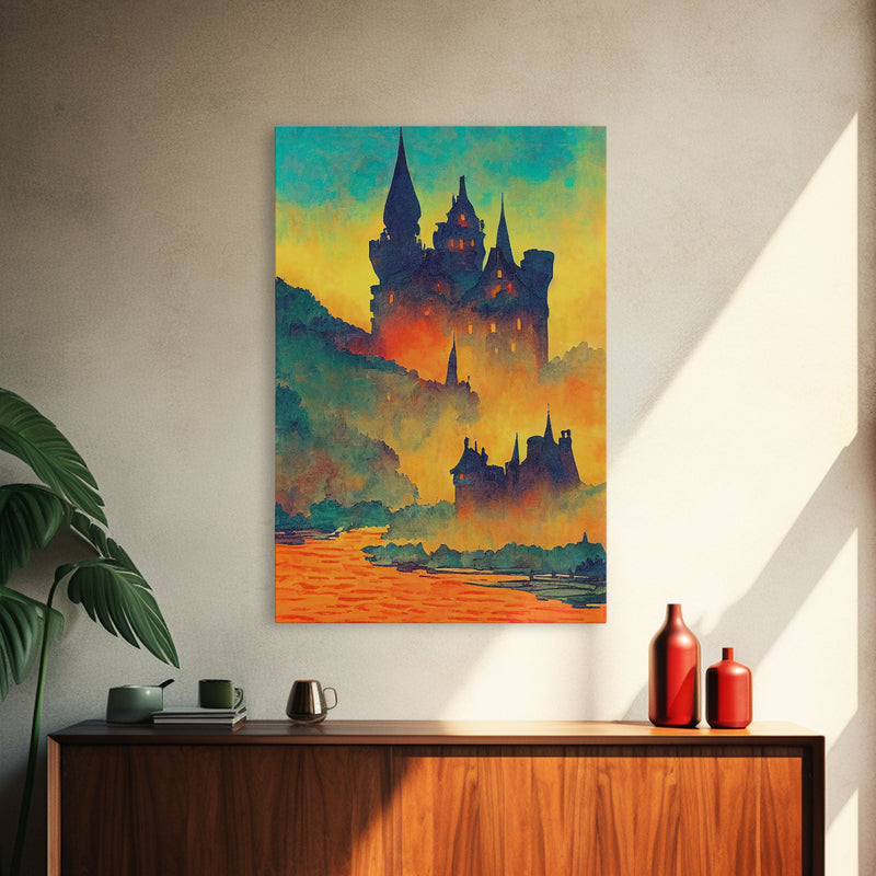 Watercolor Painting of A Transylvania Castle, Framed Canvas Print, Ready To Hang Framed Wall Art, Living Room Wall Hanging