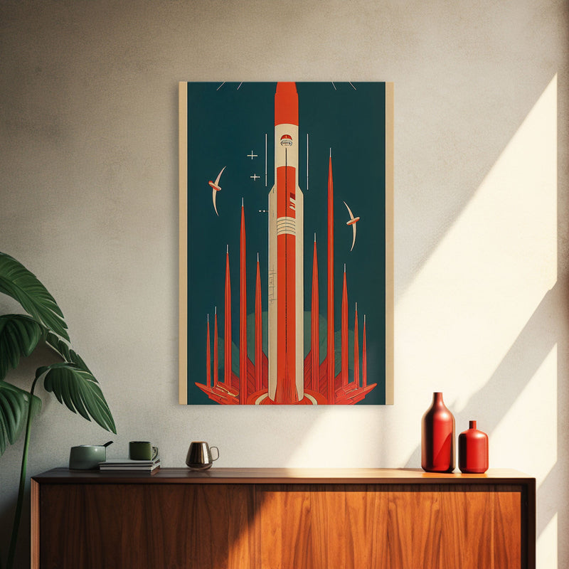 Art Deco Space Travel Poster Art, Framed Canvas Print, Ready To Hang Framed Wall Art, Living Room Wall Hanging