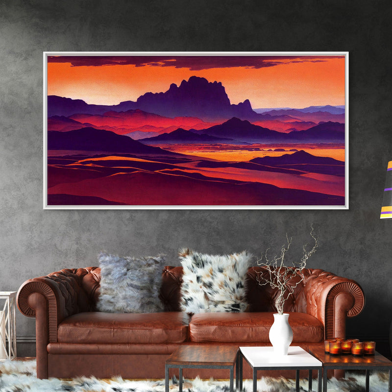 Arizona Desert Landscape at Sunset, Vaporwave Style Landscape, Cool Office Art, Ready To Hang Framed Canvas Print, Oversize Wall Art