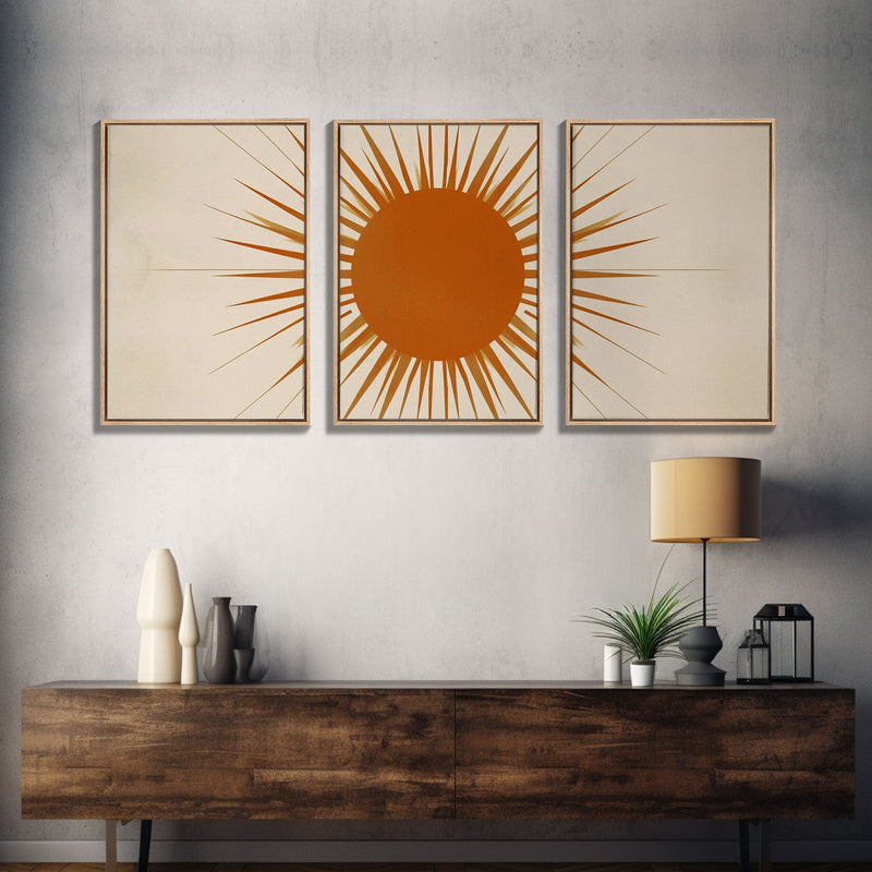 3 Piece Framed Canvas Wall Art Sun With Rays, Mid Century Modern, Art Deco, Retro Wall Art, Shabby Chic Boho Wall Art for Bedroom