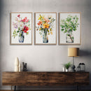 3 Piece Set, Cute Kawaii Floral Print, Flowers In Vases, Framed Wall Art, Canvas Print, Botanical Wall Decor, Boho Kitchen Art, French Art