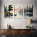 Framed Canvas Wall Art Set of 3 Pastel Mountain Range Lake Nature Landscape Prints Minimalist Modern Art Woodland Nursery Decor Office Art