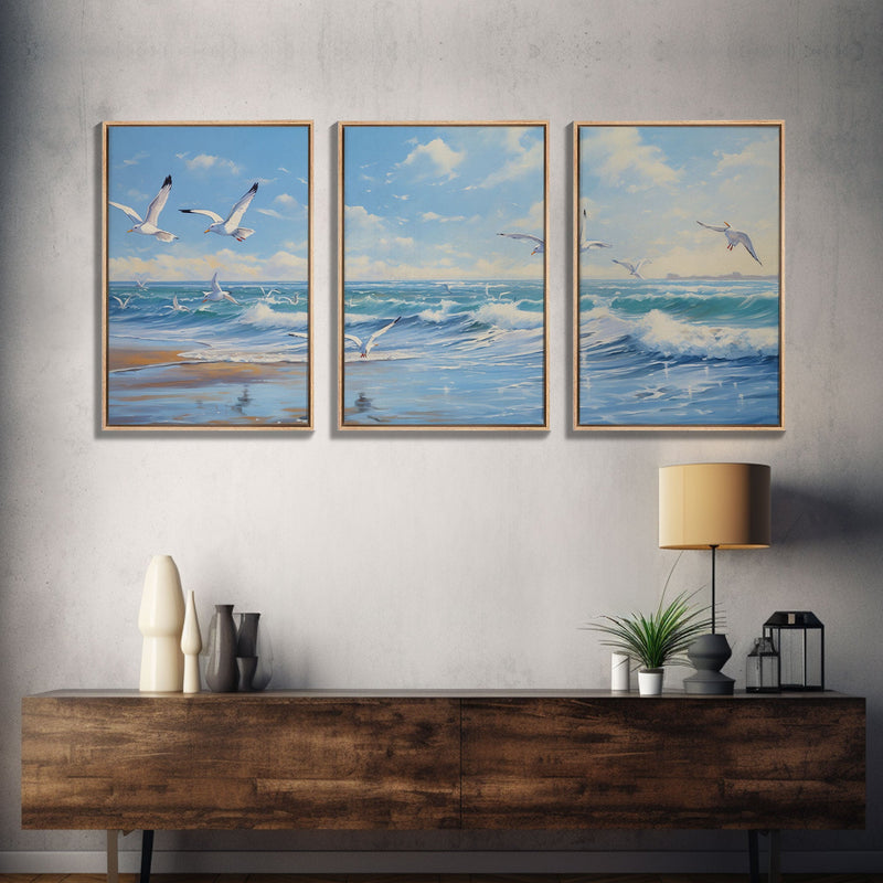 Beautiful Seagulls Over An Ocean Beach At Sunset 3 Piece Canvas Print Wall Art, Above Sofa Art, Modern Art, Minimalism Lakehouse Decor