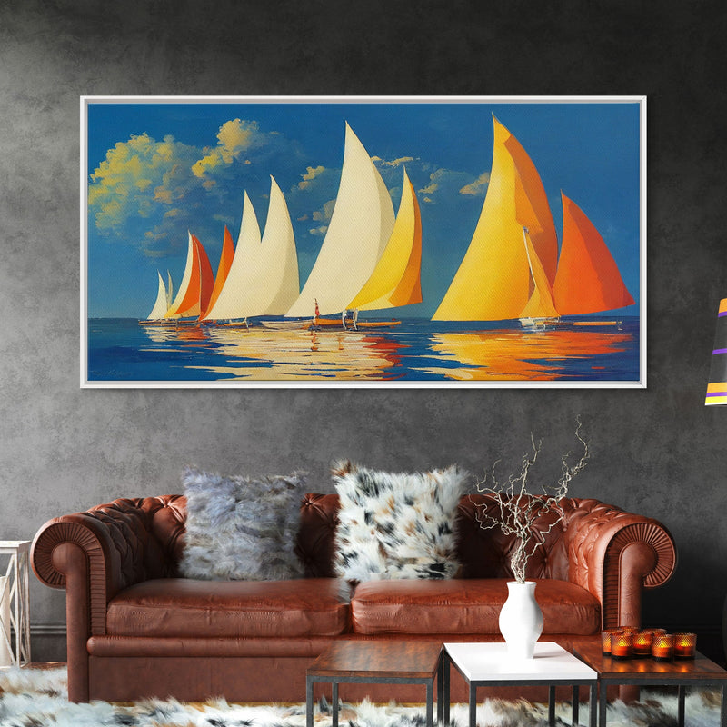 Art Deco Sailboats, Sailing Art, Sailing on the open sea, Wall Decor, Ready To Hang Framed Canvas Print, Oversize Wall Art