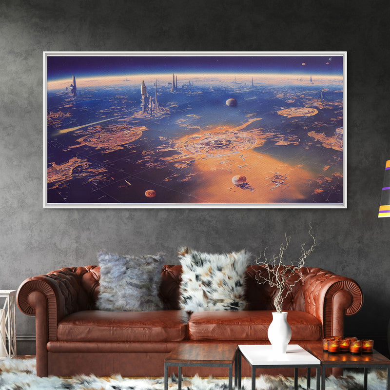 Bird's eye view of a futuristic city-planet, cool scifi art, framed canvas print, ready to hang framed wall art