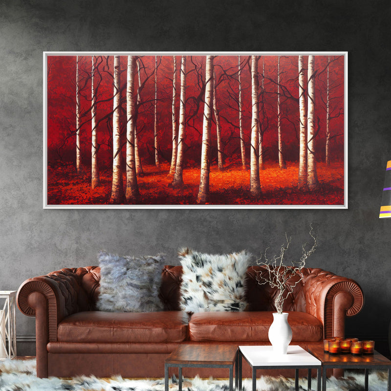 Birch Trees, Haunted birch forest, blood red forest, framed canvas print, ready to hang framed wall art