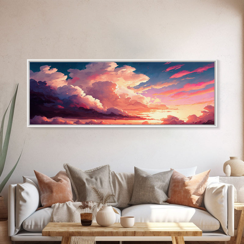 Beautiful Panoramic Framed Canvas Print of Red and Pink Clouds and Sunset, Framed Wall Art, Wall Decor, Living Room Art