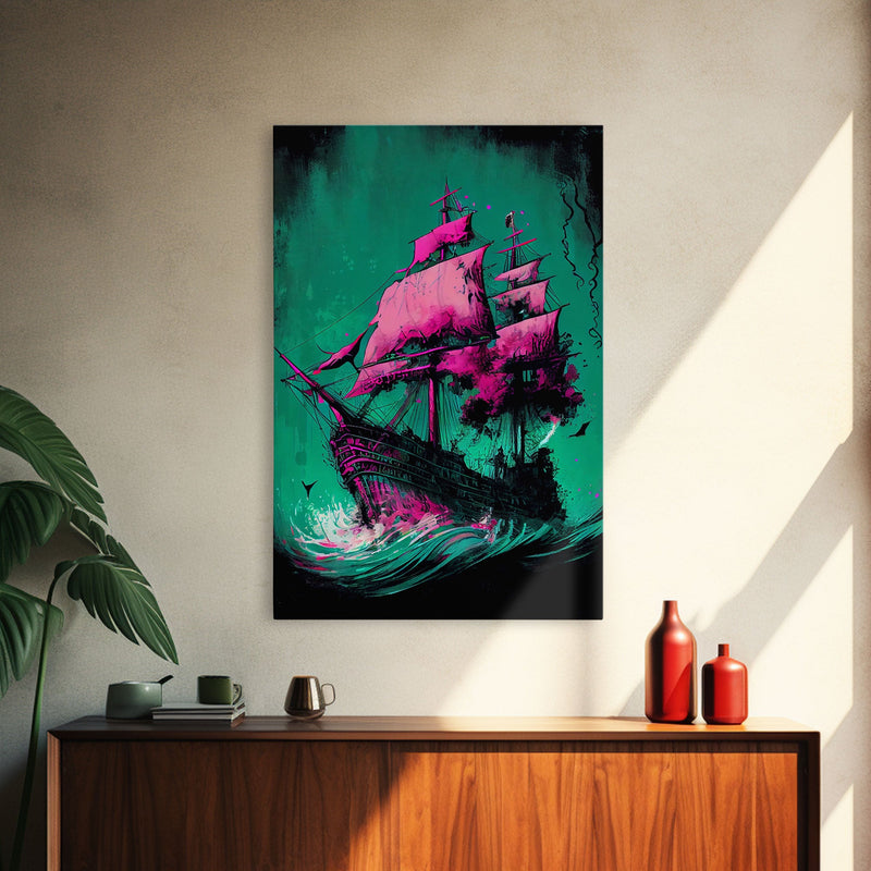 Watercolor of a haunted ghost pirate ship, framed canvas print wall art