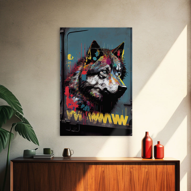 Wolf graffiti on a subway train car, framed canvas print, framed wall art