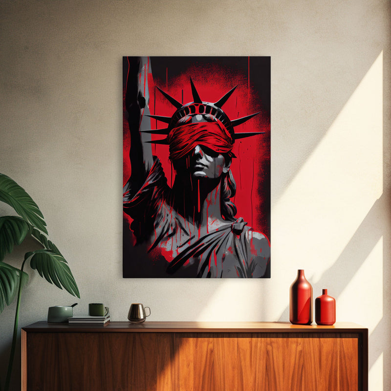 Blindfolded Statue of Liberty Graffiti art, framed canvas print, dystopian art