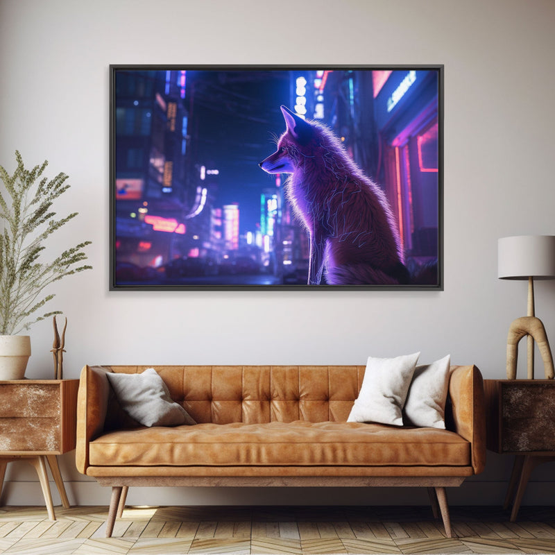 Alley Fox, Cyberpunk city, framed canvas print, urban decay art