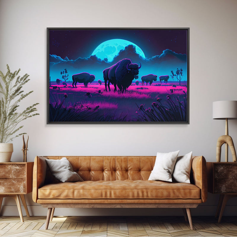 American Buffalo, Retrowave art, herd of Bison and a full moon, framed canvas print