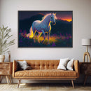 Vibrant portrait of a white horse in a field of flowers, vaporwave aesthetic art, animal prints, framed canvas print, colorful wall art