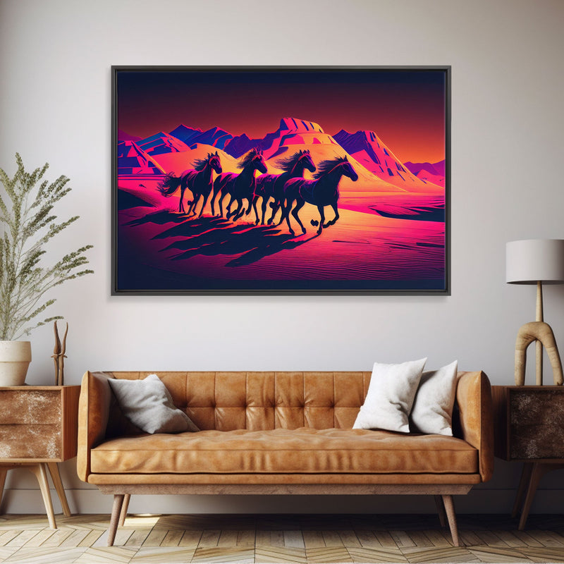 Wild Arabian Horses - Vibrant synthwave nature art, framed canvas print