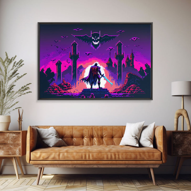 Barbarian vs Vampires, pixel art, DND RPG concept art, vaporwave aesthetic gamer room art, framed canvas print