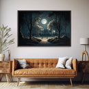 Snow covered park at midnight with a full moon, watercolor nature art, framed canvas print, framed wall art