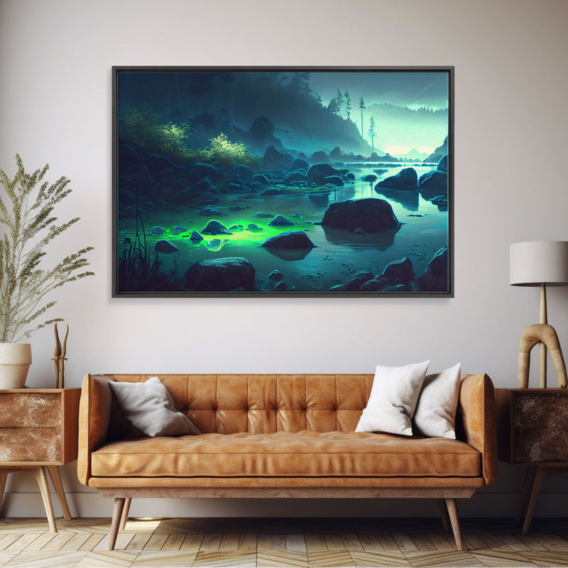 Bioluminescent glowing river, cool nature watercolor art, framed canvas print