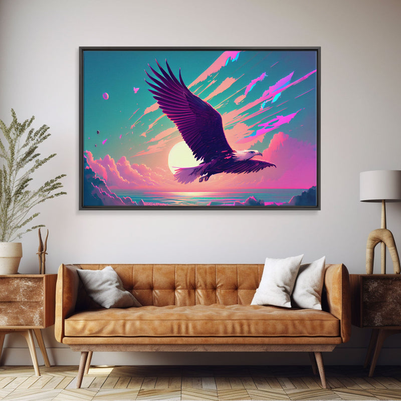 Bald eagle in flight, vaporwave sunset, vaporwave art, framed canvas print, pink and turquoise art