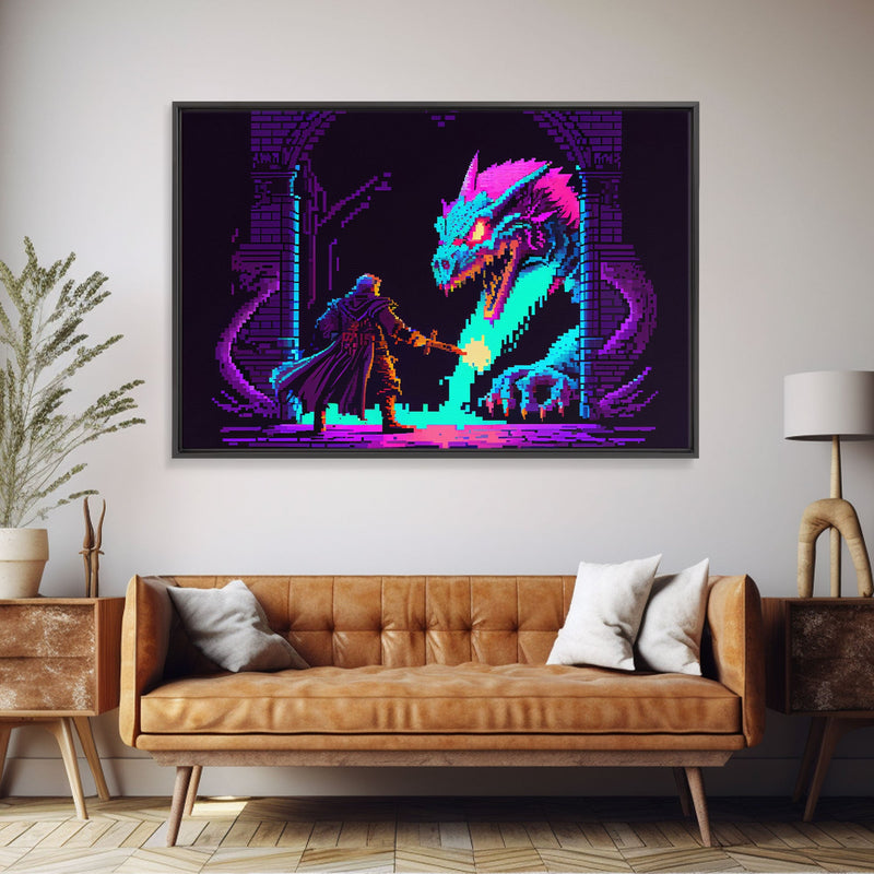 Wizard VS Hydra, RPG pixel art, vaporwave aesthetic video game pixel art, framed canvas print