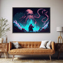 Warrior Vs Cthulhu, RPG concept pixel art, framed canvas print, outrun video game art