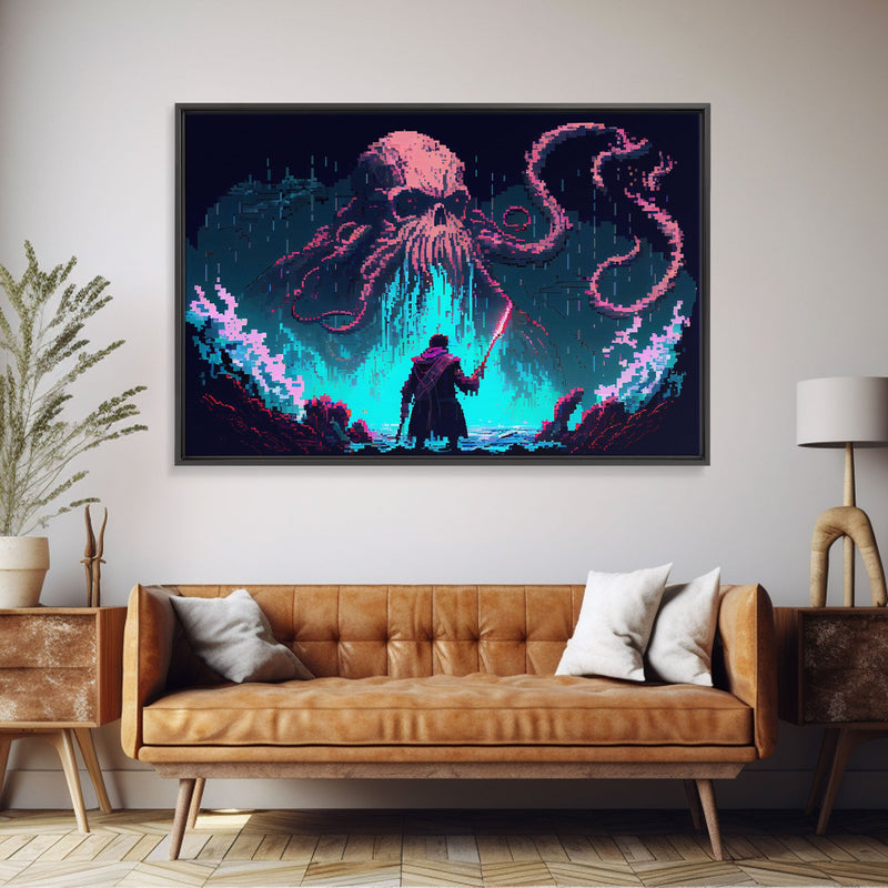 Warrior Vs Cthulhu, RPG concept pixel art, framed canvas print, outrun video game art