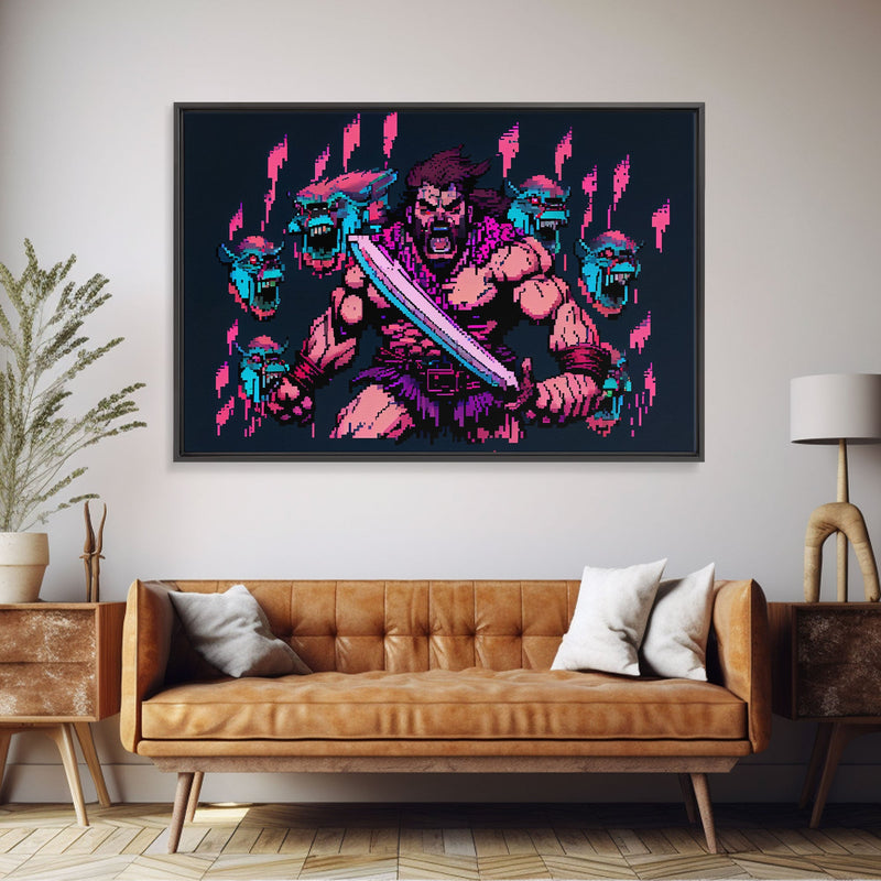 Barbarian pixel art, vaporwave RPG concept art, framed canvas print