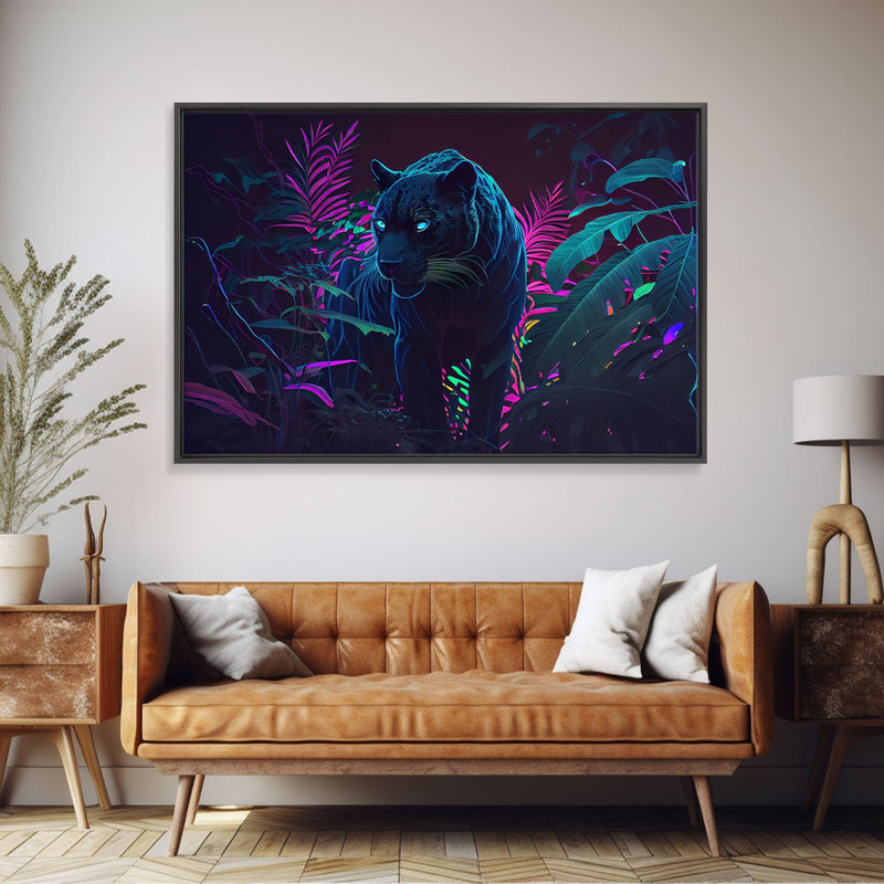 Black panther on the hunt in the jungle, glowing blue eyes, synth wave aesthetic art, framed canvas print