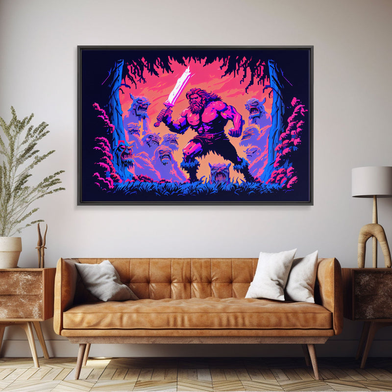 Barbarian pixel art, vaporwave RPG concept art, framed canvas print, synthwave tabletop art