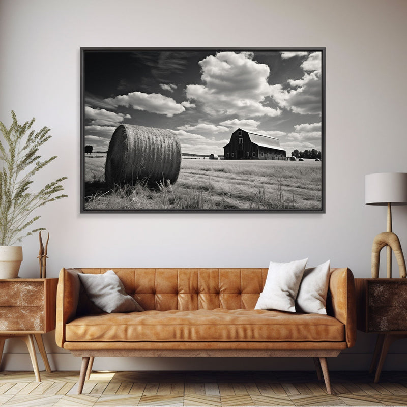 Black and White Photo Of a Barn and Hay Bail, Liminal Art, Country Decor, Farmhouse Style Art, Canvas Print