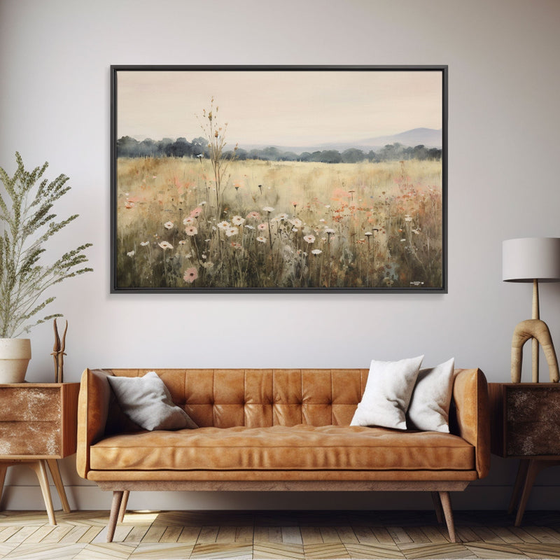 Wildflower Fields Landscape Oil Painting Print Large Wall Art Print, Framed Canvas Nature Wall Decor, Rustic Living Room Country Landscape