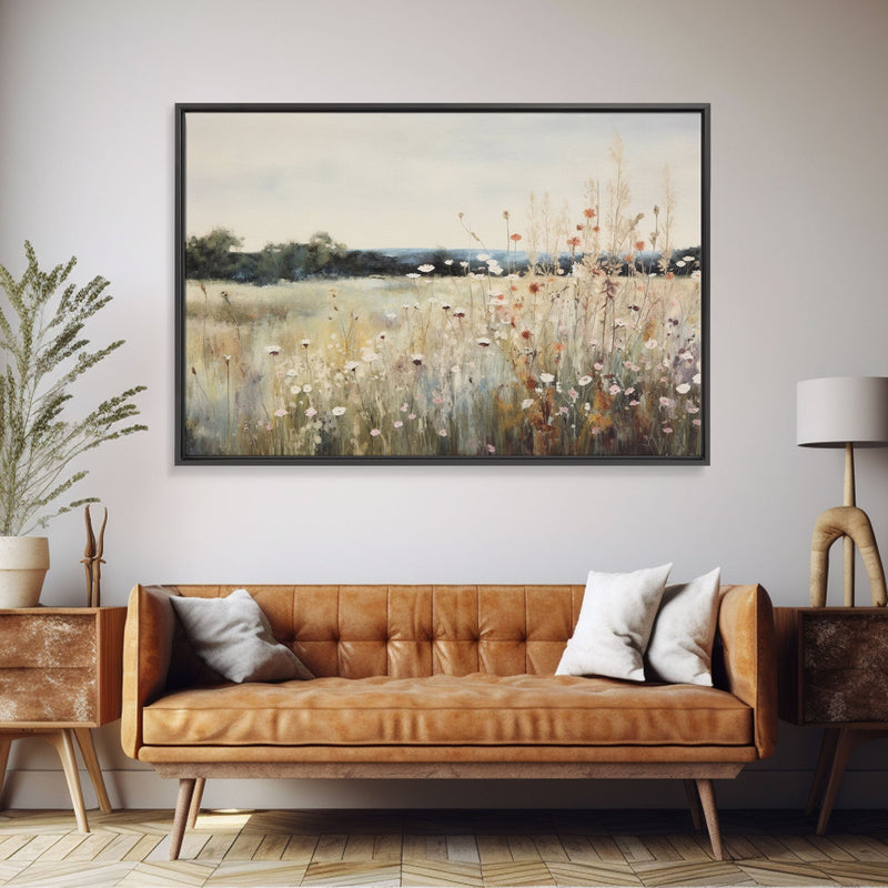 Wildflower Fields Landscape Oil Painting Print Large Wall Art Print, Framed Canvas Nature Wall Decor, Rustic Living Room Country Landscape