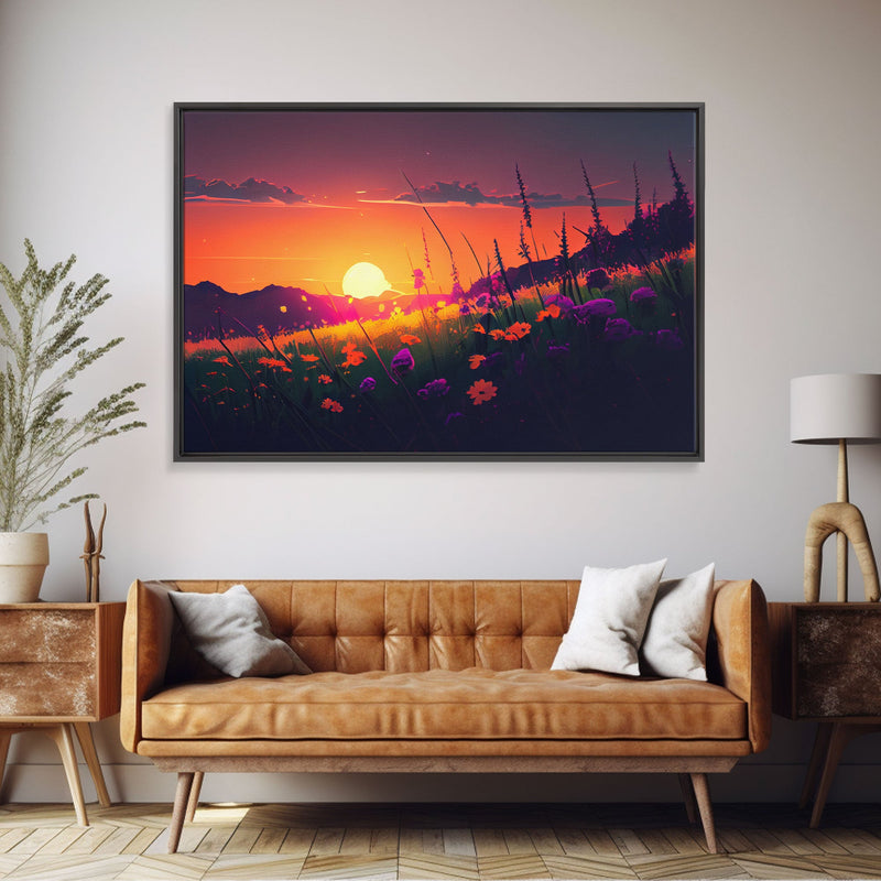 Watercolor of a beautiful sunset over a vibrant field of flowers, framed canvas print, framed art